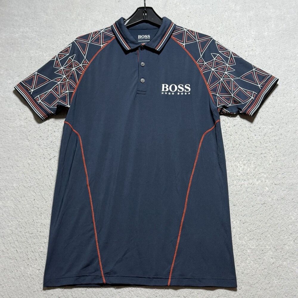 Hugo Boss Polo Shirt Mens M Blue Golf Geometric Patterned Casual Designer Tee